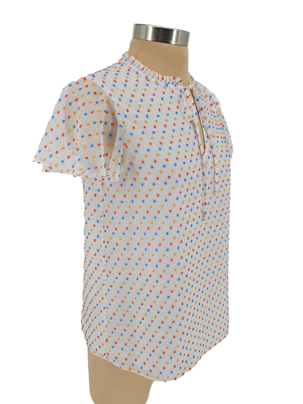 Draper James Shirt White Swiss Polka Dot Short Sleeve Ruffle Keyhole Neck Small - Picture 2 of 7